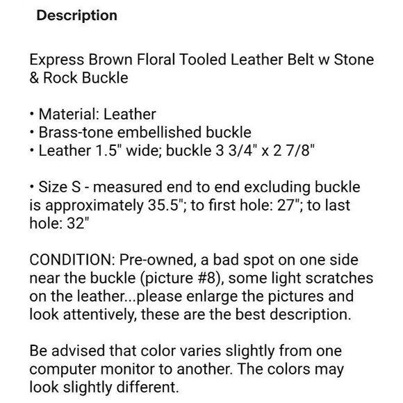 Express Brown Floral Tooled Leather Belt w Stone & Rock Buckle  Size S  Artisan - Picture 14 of 14